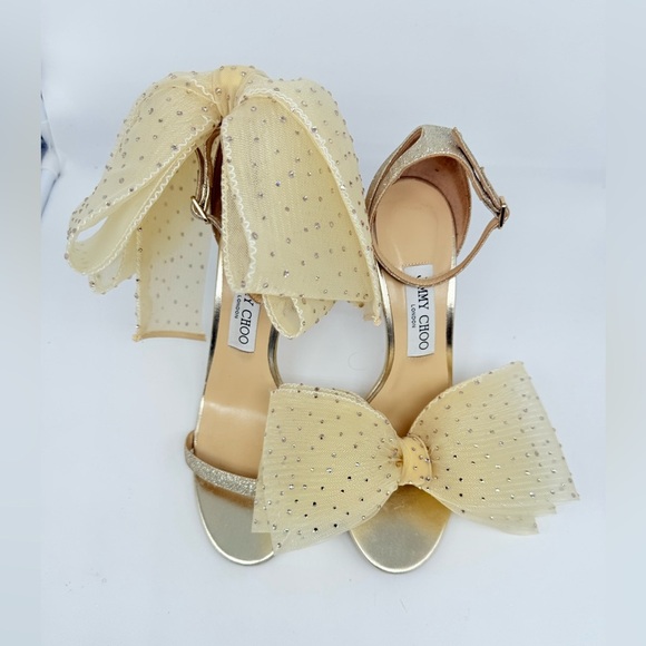 JIMMY CHOO Ivory Gold Aveline 100 bow Crystal embellished bow sandals EU 38.5 - Picture 4 of 13